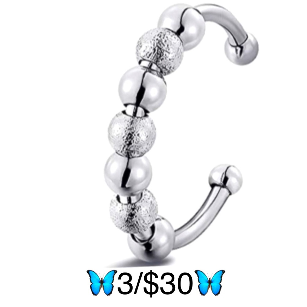 Stainless Steel Silver Tone Open Style Adjustable Fidget Bead Ring